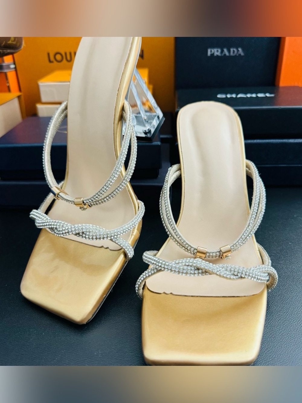 Elegant Beige Strappy Rhinestone Heels size 7